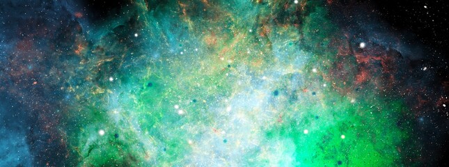 Obraz na płótnie Canvas Nebula and stars in night sky web banner. Space background with realistic nebula and shining stars. Abstract scientific background with nebulae and stars in space. Multicolor outer space.