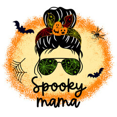Halloween messy bun and spiderweb and spooky mama design on white background.