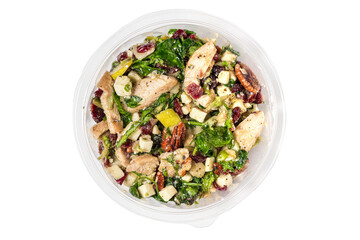 Lunch box. Plastic package with healthy chicken and pear salad for take away isolated on white background. Top view