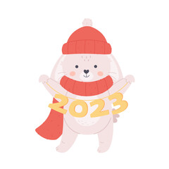 Cute white bunny in scarf and hat wishes a Happy New Year 2023. Year of the Rabbit. Winter holidays. Hand drawn vector illustration