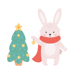 Cute white bunny decorating a Christmas tree. Merry Christmas and Happy New Year.  Hand drawn vector illustration