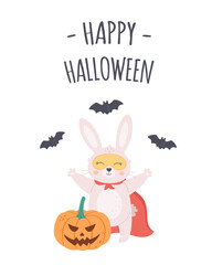Cute white rabbit in a Halloween costume with a pumpkin and bats. Happy Halloween greeting card. Hand drawn vector illustration