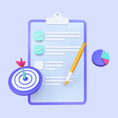 3d render of clipboard with checklist, concept of project management, isolated on purple background.