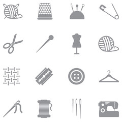 Knitting, Sewing And Needlework Icons. Gray Flat Design. Vector Illustration.