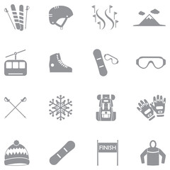 Snowboarding And Ski Icons. Gray Flat Design. Vector Illustration.