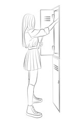 Vector illustration of a teenage girl opening her school locker. Schoolgirl in student uniform: shirt, jacket, tie, pleated skirt, stockings, sneakers.