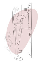 Vector illustration of a teenage girl opening her school locker. Schoolgirl in student uniform: shirt, jacket, tie, pleated skirt, stockings, sneakers. Abstract elements and floral ornaments.
