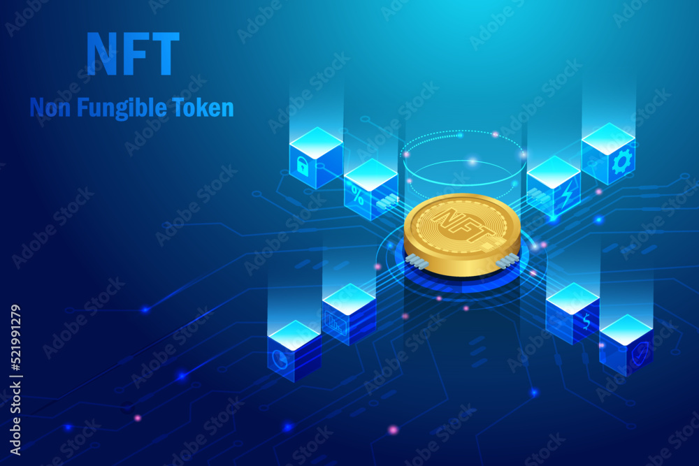 Poster nft non fungible token with block chain technology. 3d nft crypto coin for collectible digital art a