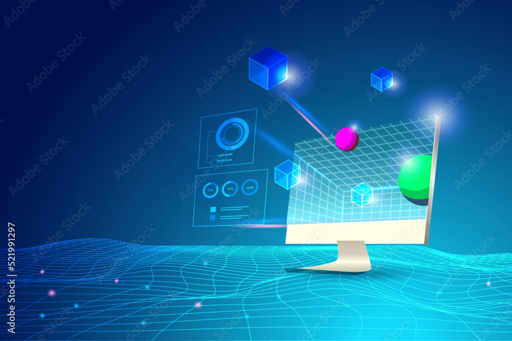 Poster block chain technology connecting digital cube to big data on computer. online exchange and transfer