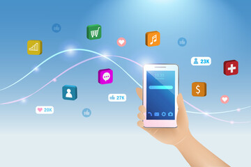 Hand holding smartphone with 3D mobile applications icons. Wireless technology and communication with networking concept.