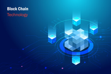 Block chain technology connecting digital cube to big data. Online exchange  and transfer security business information in futuristic background.
