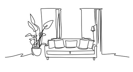 Modern living room interior vector illustration. Leisure place for relaxation with sofa and pillows continuous one line drawing. Window and curtain, plants in a pot.