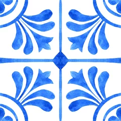 Gordijnen Portuguese azulejo tile. Blue and white gorgeous seamless pattern. Hand painted watercolor illustration. © liliia_sinhina
