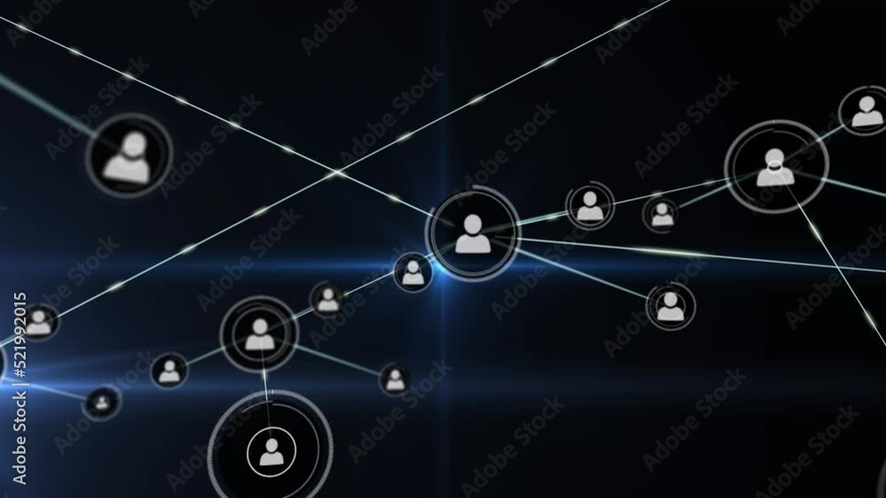 Poster animation of profile icons connecting dots with bright blue light on digital interface