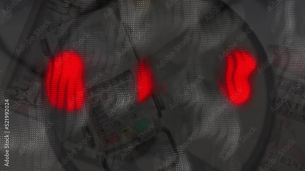 Aufkleber animation of currency, credit card reader seen through magnifying glass with red abstract pattern
