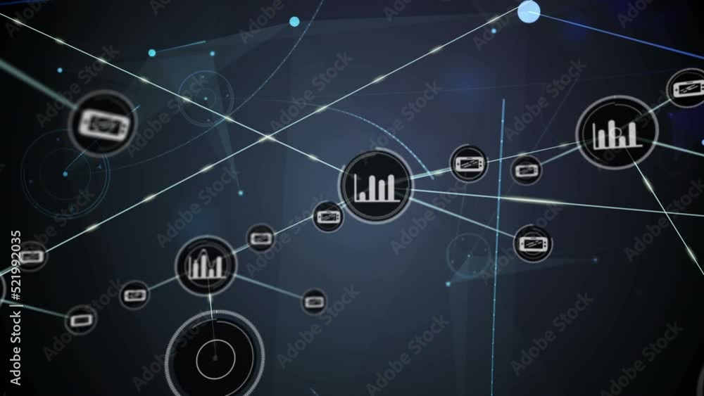Poster Animation of mobile, graph icons connecting dots with bright blue light on digital interface