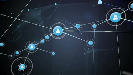 Animation of profile icons connecting dots, circles with bright blue light on digital interface - Powered by Adobe
