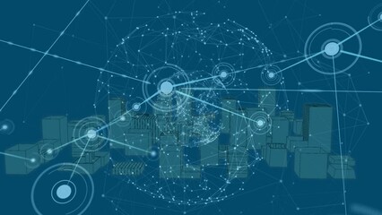 Animation of network connecting dots, globe, 3d urban financial sector on digital interface