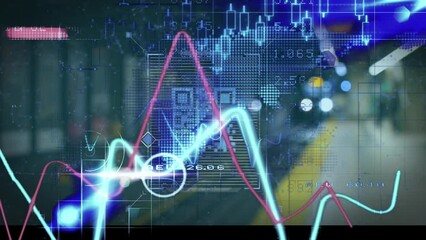Digital infographic interface of qr code, moving graphs and circles over subway station platform - Powered by Adobe