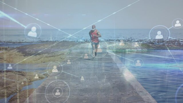 Animation of profile network lines connecting dots, african man running on pathway at beach