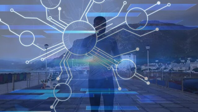 Animation of hud elements with futuristic light, african man running on pier at beach