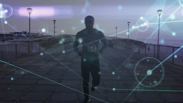 Animation of network connecting dots with circles, african man running on pier at beach