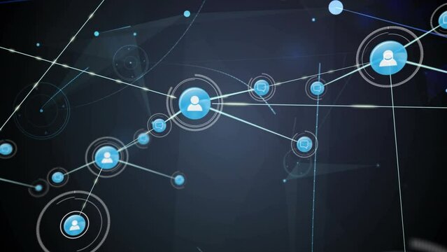 Animation of profile icons connecting dots, circles with bright blue light on digital interface