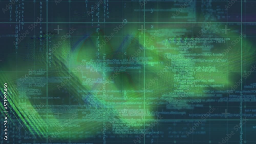 Poster animation of green shapes over data processing on navy background