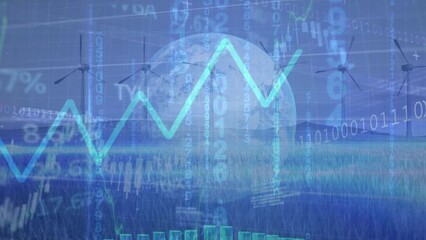 Animation of binary coding, globe, data processing over wind turbines - Powered by Adobe