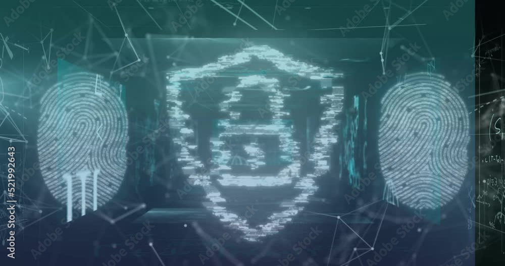 Poster animation of digital shield with padlock and fingerprints over connections and binary code
