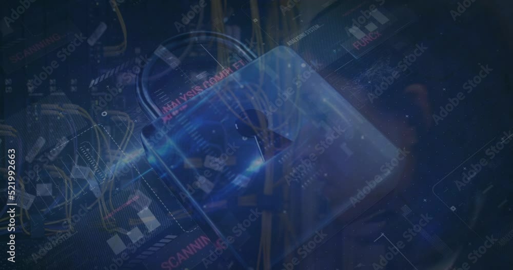 Poster animation of digital padlock over data processing over computer wires