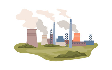 Power plant, station producing energy and electricity. Factory or manufacturer, refinery with smog and smoke from pipes. Flat cartoon, vector in flat style