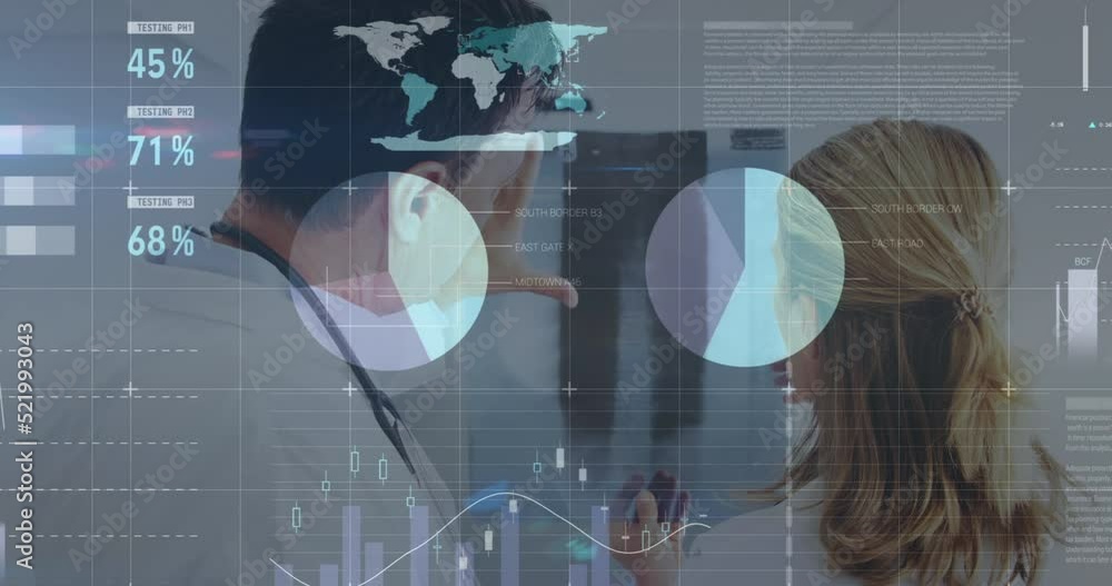Aufkleber animation of statistics and data processing over diverse doctors