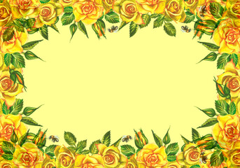 Roses are yellow. Floral frame. Watercolor illustration. For wedding, greeting and invitation cards watercolor design.