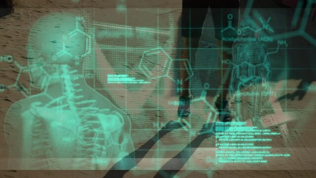 Animation of screen with scientific data and human silhouette over legs of caucasia man running