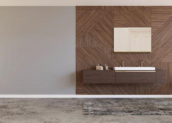 Beautiful and modern bathroom. Wooden panels. Washbasin. Home interior in contemporary style. Luxury bathroom mock up. Free, copy space for your furniture, radiator or other details. 3D rendering.