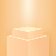 Orange podium showroom foundation, block cubes exposition. Vector square realistic 3D podium, arena stage platform for gallery or cosmetics shop, empty square blocks platform