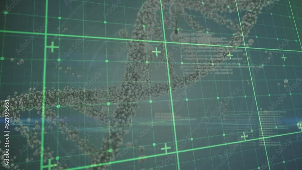Poster animation of dna strand over grid and data processing