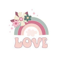 love. Cartoon rainbow, flowers, cloud, hand drawing lettering, décor elements. colorful vector illustration, retro style. design for cards, print, posters, logo, cover