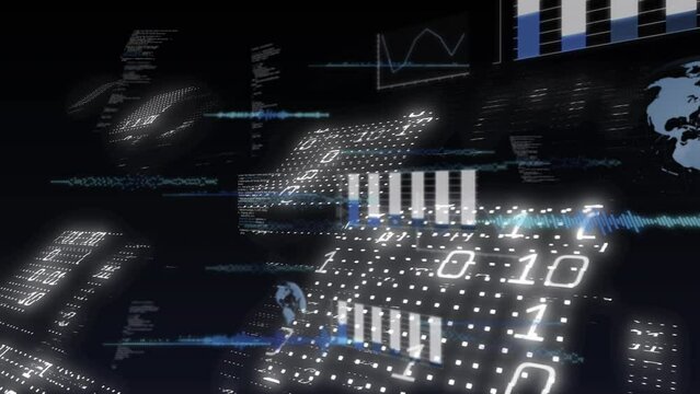 Animation of data processing and binary coding on screens over globe