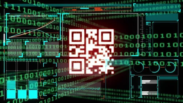 Animation of data processing and qr code over screens