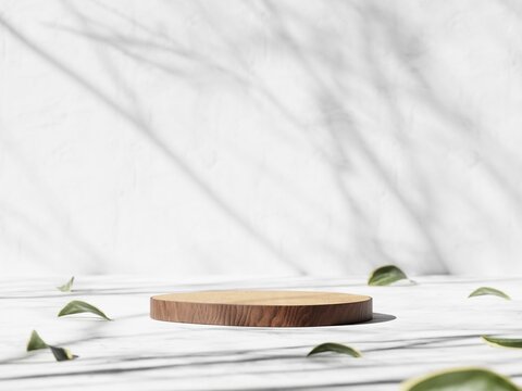3d wooden display podium with green leaves on white floor and wall background. 3d rendering of realistic presentation for product advertising. 3d minimal illustration.