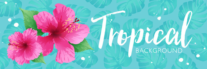 Tropical background decorated with hibiscus flowers and tropical leaves on light green background. Template for fashion ads, horizontal poster and social media © sophonk