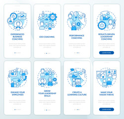 Executive coaching programs blue onboarding mobile app screen set. Walkthrough 4 steps editable graphic instructions with linear concepts. UI, UX, GUI template. Myriad Pro-Bold, Regular fonts used