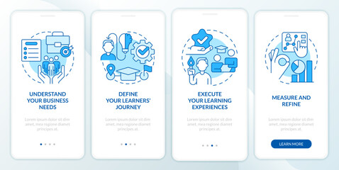 Effective leadership development blue onboarding mobile app screen. Walkthrough 4 steps editable graphic instructions with linear concepts. UI, UX, GUI template. Myriad Pro-Bold, Regular fonts used