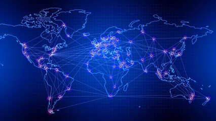 Global background/Outline world map, countries cities are connected by lines. Global communications, logistics, transport and trade. Transmission lines for goods and services and social networks. 