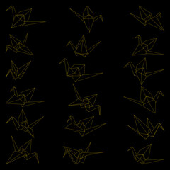 Set of origami crane vector outline dashed illustration isolated on black background. Japanese traditional origami crane for infographic, website or app. Geometric line shape for art of folded paper.