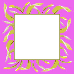 Vector bright square frame with banana leaves on pink background.