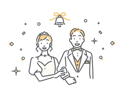 結婚式を挙げるカップル　ブライダル　シンプルでお洒落な線画イラスト