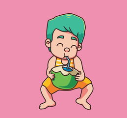 cute children drinking coconut water. Isolated cartoon person illustration. Flat Style Sticker element vector